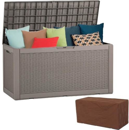 FORTUNO Outdoor Storage Deck Box 100 Gallon Patio Storage Bin Container with Waterproof Patio Cover, Outside Lockable Resin Organization Box for Pool Supplies, Cushions, Garden Tools  - Lot 410