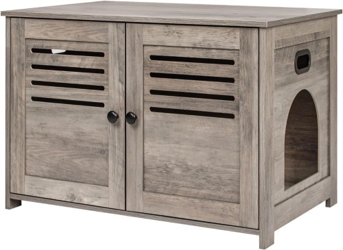 DINZI LVJ Litter Box Enclosure, Cat Litter House with Louvered Doors, Entrance Can Be on Left or Right Side, Spacious Hidden Cat Washroom for Most of Litter Box, Cat Furniture Cabinet, Greige  - Lot 196A