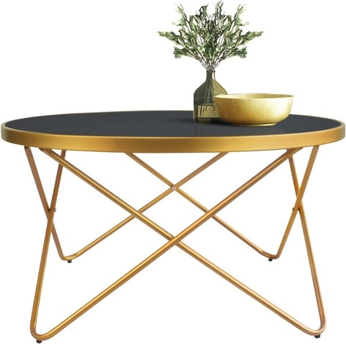 KithKasa Mid Century Modern Round Gold Coffee Table with Black Glass and Metal Frame Central Table for Living Room Recepetion Room - Lot 111