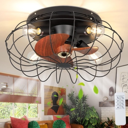 Depuley 20'' Low Profile Caged Ceiling Fan with Lights Remote Control, Farmhouse Enclosed Bladeless Flush Mount Ceiling Fan with Light for Bedroom/Kitchen, 3-Speed Strong Wind, 1-4 Timer  - Lot 258