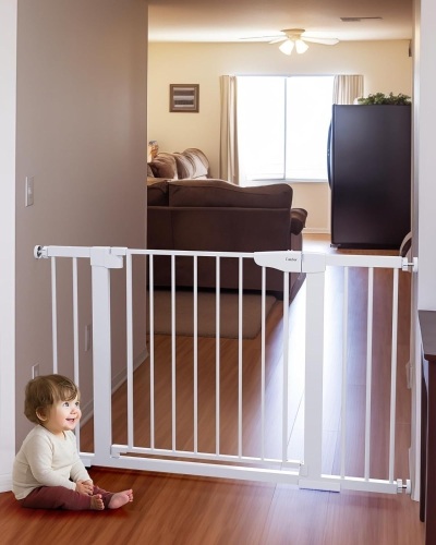 Cumbor 29.7-46" Baby Gate for Stairs, Mom's Choice Awards Winner-Auto Close Dog Gate for the House, Easy Install Pressure Mounted Pet Gates for Doorways, Easy Walk Thru Wide Safety Gate for Dog, White  - Lot 392