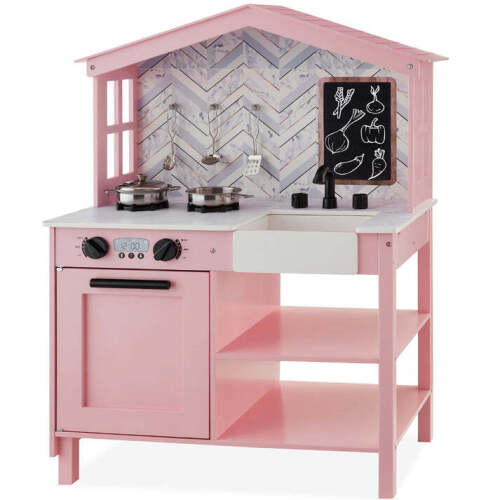 Kids Farmhouse Play Kitchen w/ Chalkboard, Storage Shelves, 5 Accessories - Lot 7938
