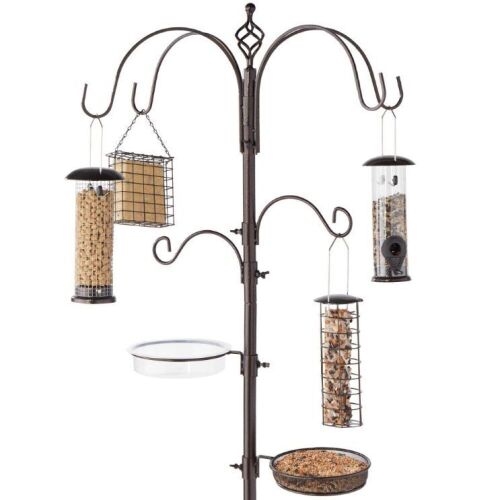 Bird Feeding Station, 6-Hook Steel Multi-Feeder Stand w/ 4 Feeders - 89in  - Lot 207