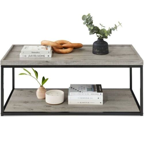 2-Tier Rectangular Tray Top Coffee Table w/ Metal Frame, Shelf - 44in  - Lot 212