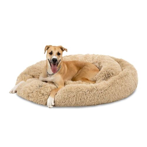 45" Self-Warming Shag Fur Calming Pet Bed w/ Water-Resistant Lining - Brown  - Lot 213