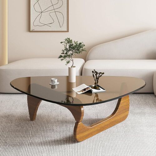 Mid-Century Modern Solid Wood Base and Vintage Tempered Glass Top Coffee Table, Walnut/Brown, 32.2" x 22.4" x 16" - Lot 596