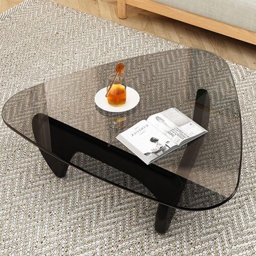 Mid-Century Modern Solid Wood Base and Vintage Tempered Glass Top Coffee Table, Black/Gray - Lot 598