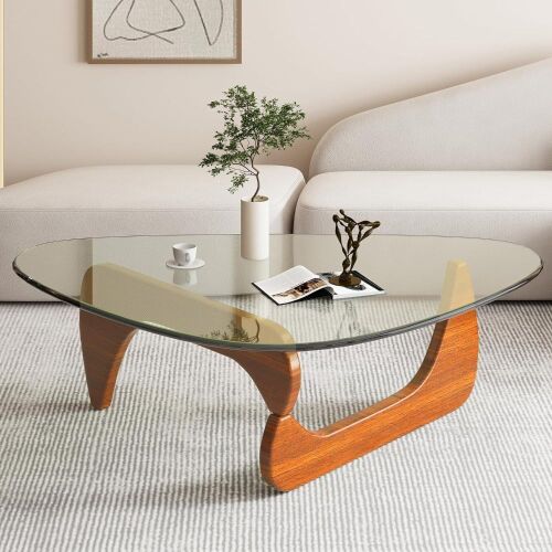 Mid-Century Modern Solid Wood Base and Vintage Tempered Glass Top Coffee Table, 32.2" x 22.4" x 16" - Lot 608