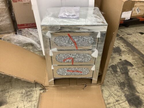 Mirrored End Table with USB Charging & 3 Drawers - Cracked - Lot 234