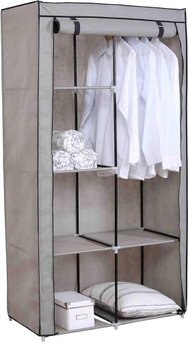 Sunbeam 6 Tier Quick Set Up Portable Free-Standing Wardrobe Closet Organizer with Breathable Non-Woven Fabric Shelves and 43" Wide Steel Hanging Rod, Grey  - Lot 393