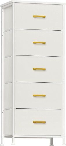 5 Drawer Tall Storage Tower with Sturdy Metal Frame, Fabric Bins, Leather Finish, Wood Top  - Lot 331