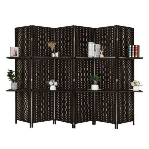 Bonnlo 6ft Tall Rattan Room Divider Folding Privacy Screen with 2 Display Shelves, 6 Panel - Lot 103