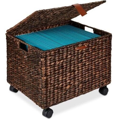Mobile Water Hyacinth Rolling Filing Cabinet Storage Basket w/ Lid, Wheels  - Lot 119