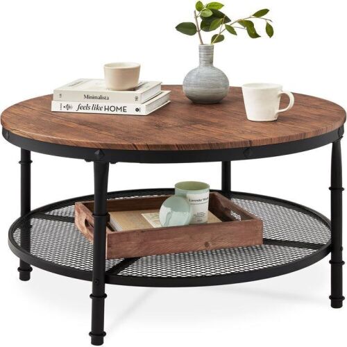2-Tier Round Industrial Wood & Steel Coffee Table, Storage Shelves - 35.5in  - Lot 162