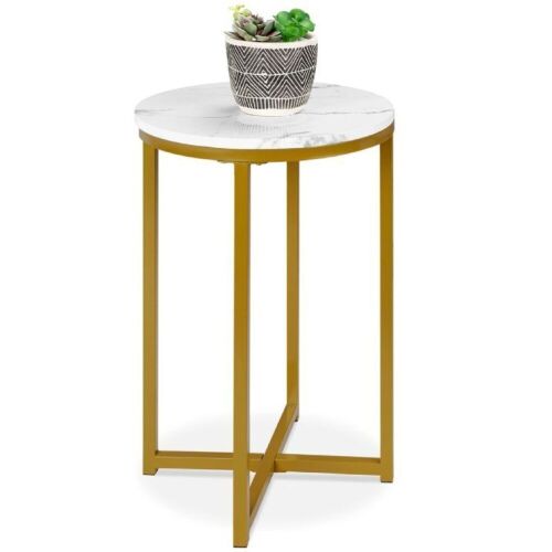 Round Coffee Side Table w/ Faux Marble Top, Metal Frame - 16in  - Lot 163