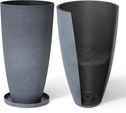 LA Jolie Muse 27 Inch Tall Planters with Soil Saver Shelves & Trays, Set of 2 - Lot 170