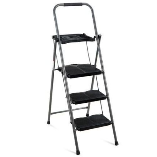 3-Step Folding Steel Ladder w/ Utility Tray, Hand Grip, 330lb Capacity  - Lot 175