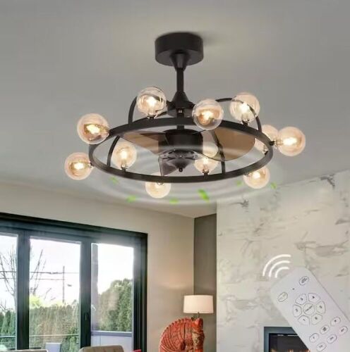 35 in. Indoor Black Downrod Mounting Smart Simple Retro Ceiling Fan with Light Kit and Remote Control - Dented Top Piece - Lot 143