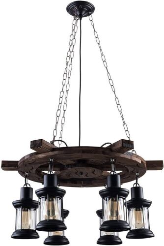 6-Light Wooden Ship Steering Wheel Hanging Light Fixture  - Lot 28