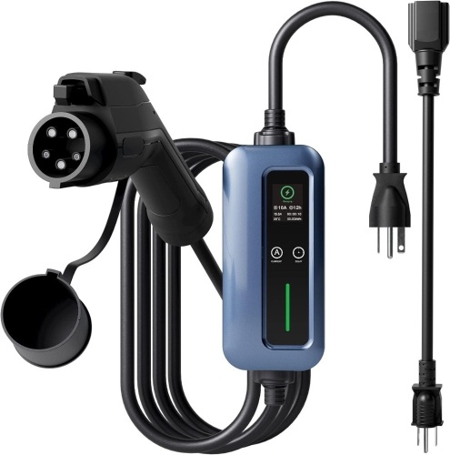 Level 2 & Level 1 EV Charger, 16Amp 110-240V 25ft Cable J1772 Electric Car Charger with NEMA 6-20 & NEMA 5-15, Plug-in EV Charging Station with Adjustable Amp Delayed Timer 25ft Long Cord, Blue - Lot 8279
