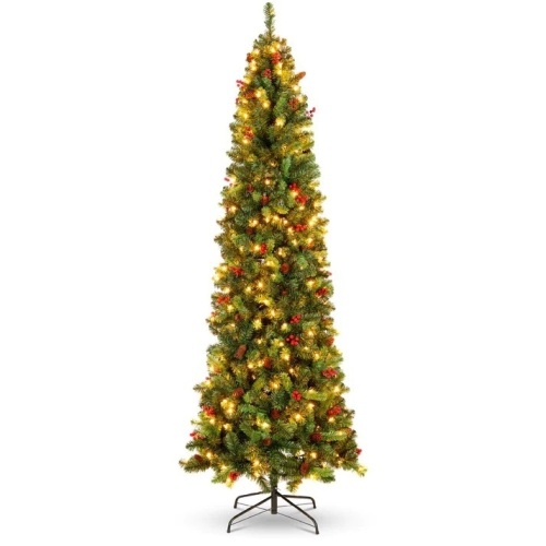 Pre-Lit Spruce Pencil Christmas Tree w/ Berries, Pine Cones 9ft - Lot 8308