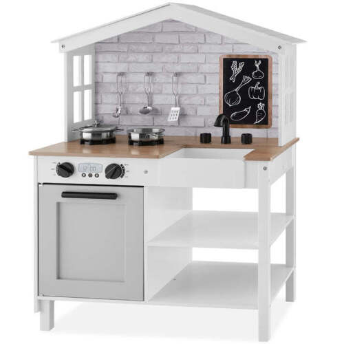 Kids Farmhouse Play Kitchen w/ Chalkboard, Storage Shelves, 5 Accessories - Lot 8311