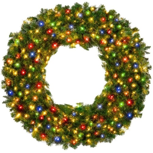 Pre-Lit Artificial Fir Christmas Wreath w/ Multicolor LED Lights, PVC Tips 60in - Lot 8326