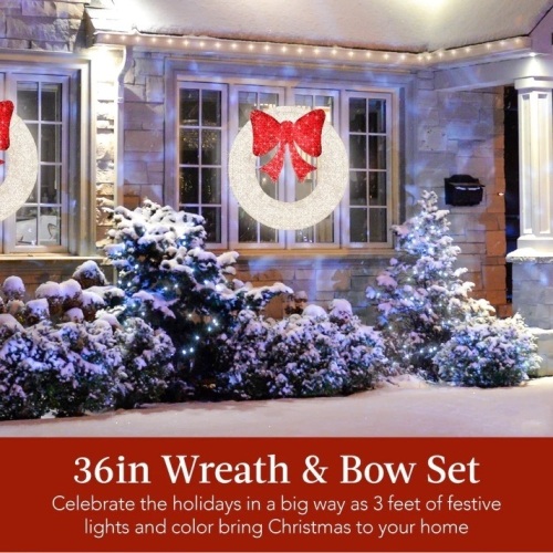 Pre-Lit Outdoor Christmas Wreath, LED Metal Holiday Decor w/ Bow - 36in  - Lot 8330