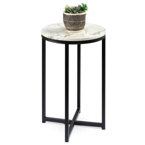 Round Coffee Side Table w/ Faux Marble Top, Metal Frame - 16in - Lot 8460
