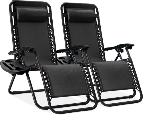 Set of 2 Adjustable Steel Mesh Zero Gravity Lounge Chair Recliners w/Pillows and Cup Holder Trays - Lot 8470