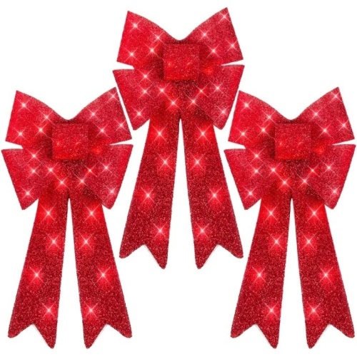 Set of 3 Pre-Lit Christmas Bow Decoration, LED Holiday Decor w/ 8 Functions - Lot 8310