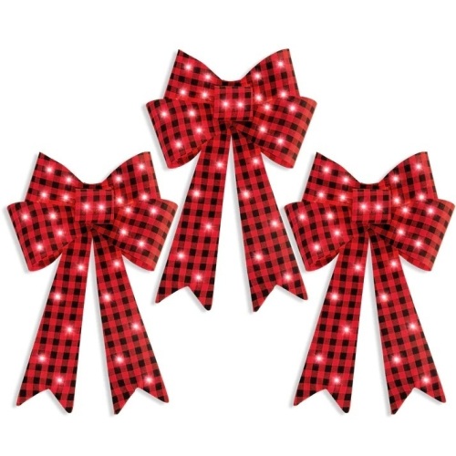 Set of 3 Pre-Lit Christmas Bow Decoration, LED Holiday Decor w/ 8 Functions - Lot 8311