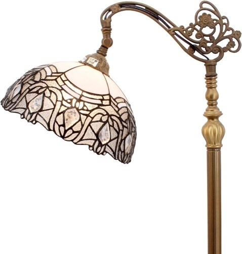 WERFACTORY Tiffany Floor Lamp White Crystal Bent Stained Glass Arched Lamp 12X18X64 Inches Gooseneck Adjustable Corner Standing Reading Light Decor Bedroom Living Room S508W Series - Lot 8343