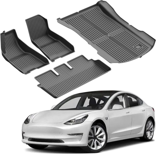 WORFRIL Floor Mats & Cargo Liner Custom for 2020-2023 Tesla Model 3, All Weather 3D Waterproof Anti-Slip TPE Floor Liner Accessories, Including Front Row | 2nd Row | Rear Trunk Mat, Black - Lot 8345