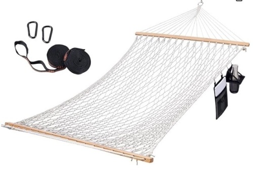 Cotton Rope Hammock with Tree Straps Kit, Ohuhu 52-Inch Wide 2 Person Hammocks for Outside with Bottle Holder & Side Pocket, All-in-One Double Hammock for Indoor Outdoor Garden Patio Yard Balcony $49.99 - Lot 153