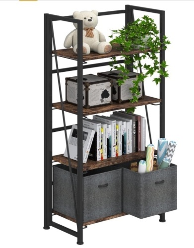 4NM No-Assembly Folding Bookshelf Storage Shelves 4 Tiers Vintage Bookcase Standing Racks Study Organizer Home Office (Rustic Brown and Black) - Lot 156