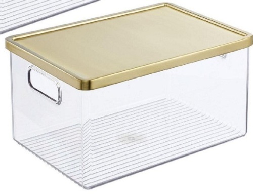 (Set of 4)mDesign Storage Bin w/ Handles, Steel Lid for Bathroom,  Clear/Soft Brass 8 x 11.25 x 6 - Lot 192