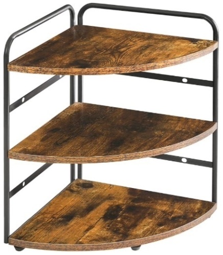 IBUYKE Corner Shelf, Kitchen Counter Organizer, Spice Rack, Bathroom Vanity Trays, 3-Tier Bedside Shelf for Small Spaces,Cosmetic Storage Perfume Holder, Adjustable Height, Rustic Brown - Lot 90