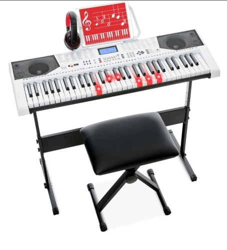 61-Key Beginners Electronic Keyboard Piano Set w/ Lighted Keys, $249.99 STANDARD SIZE ELECTRONIC KEYBOARD: Complete with 61 keys, 255 timbres, 255 rhythms, 50 demo songs, 32 types of keyboard percussion, and a starting tempo of 120 BPM  - Lot 204