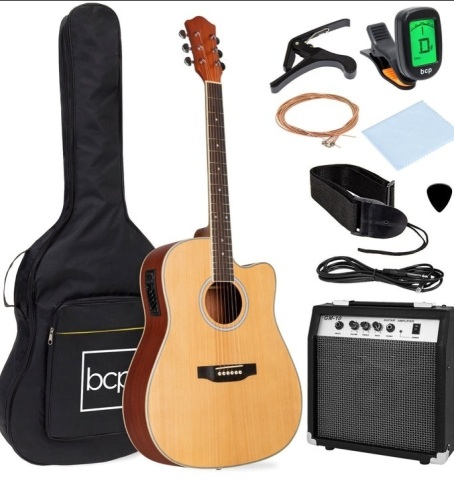 Beginner Acoustic Electric Cutaway Guitar Set w/ Case, Strap - 41in $199.99 ALL-IN-ONE ACOUSTIC-ELECTRIC GUITAR KIT: No need to purchase any additional accessories, this all-inclusive set comes with an amplifier, carrying case, strap, pick set, tuner, an - Lot 205