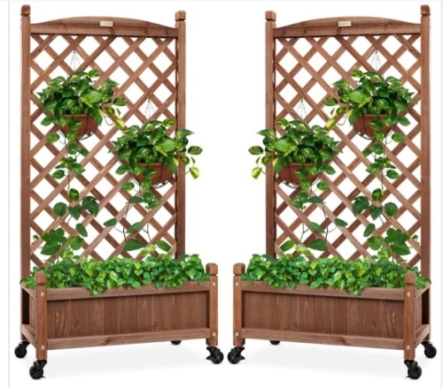 Set of 2 Wood Planter Box & Lattice Trellis w/ Optional Wheels - 48in $199.99 - Lot 221