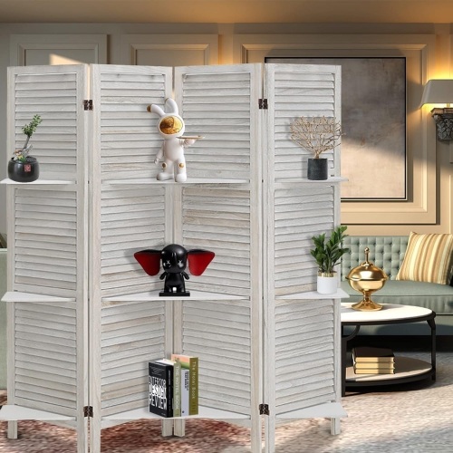 Acendside Room Divider with Shelves, 4 Panel Room Divider,Partition Room Divider Temporary Wall, Freestanding Folding Wood Room Divider Screen for Home Bedroom Garden, White 64"W x 67"H - Lot 546a