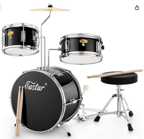 Eastar Drum Set 14'' for Kids Beginners,3 Piece with Bass Tom Snare Drum,Adjustable Throne, Cymbal, Pedal & Two Pairs of Drumsticks, Metallic All Black $129.99 - Lot 234