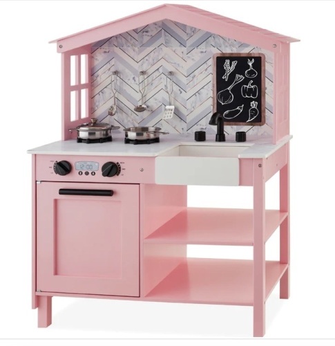 Kids Farmhouse Play Kitchen w/ Chalkboard, Storage Shelves, 5 Accessories $149.99 - Lot 260