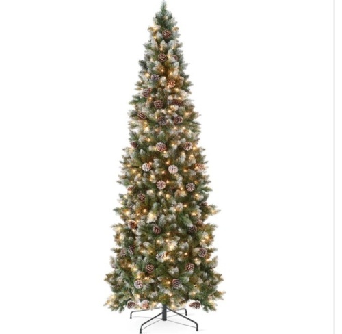12' Pre-Lit Partially Flocked Pencil Christmas Tree w/ Pine Cones, Metal Stand $533.99 - Lot 304