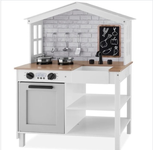 Kids Farmhouse Play Kitchen w/ Chalkboard, Storage Shelves, 5 Accessories $149.99 - Lot 315