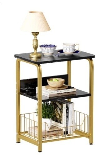 aboxoo End Table Black Marble Storage Nightstand for Lamp Coffee Dining in Bedroom Living Room Office and Kitchen,3 Tiers Small Stand Modern Table with Storage Shelf Metal Frame for Bed Couch - Lot 50a