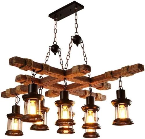 BTDH 8 Light Industrial Retro Wooden Chandelier Pendant Light  - Lot 87