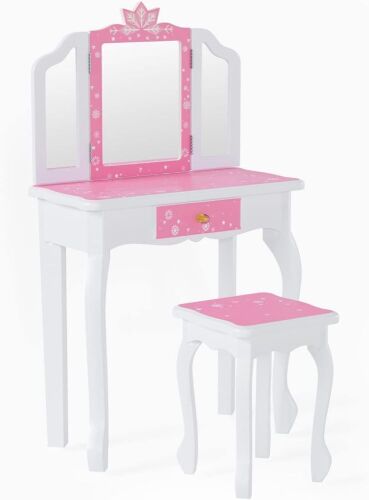 JOYMOR Kids Wooden Princess Makeup Table with Stool, Tri-Folding Mirror, Large Drawer, Solid Wooden Legs  - Lot 550