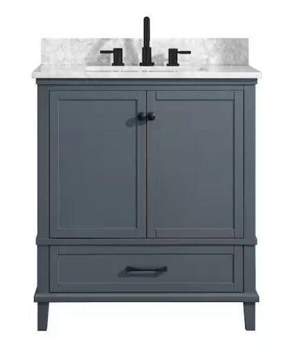 Merryfield Single Sink Freestanding Bath Vanity in Dark Blue-Grey w/ White Carrara Marble Top  - Lot 18